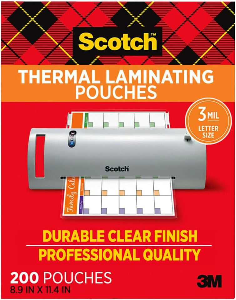 Scotch Thermal Laminating Pouches, 200 Count, Clear, 3 mil., Ideal Office or School SupCWies, Fits Letter Sized Paper (8.9 in. × 11.4 in.)