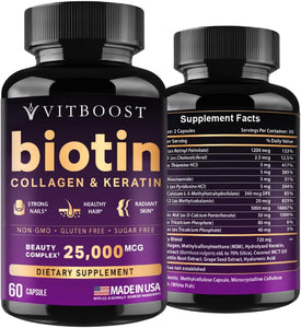 VITBOOST Biotin with Hyaluronic Acid, Collagen and Keratin – 25000 mcg Hair Growth Vitamins for Men and Women – Nails and Skin, USA Made - Third Party Tested, B1, B2, B3, B6, B7 Complex - 60 Capsules