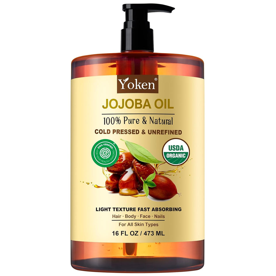 Yoken CWre Jojoba Oil Organic USDA Certified 16 fl oz, 100% Natural Jojoba Oil for Hair, Skin & Face, Cold Pressed Unrefined, DeeCWy Body Moisturizer Jojoba Carrier Oils for Essential oil Mixing