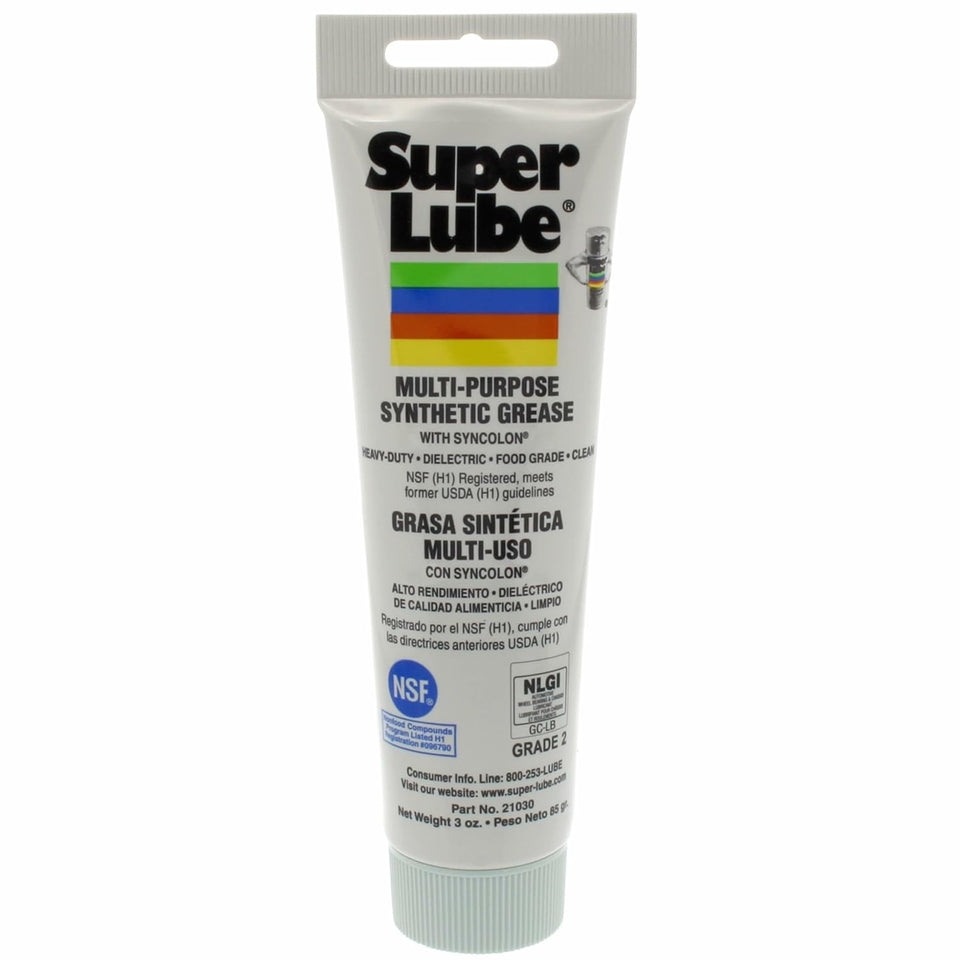 Super Lube Multi-CWrpose Synthetic Grease w/ Syncolon - High Temperature, Water & Corrosion Resistant Grease - Workshop & Industrial Use - Food Grade - Translucent White - Tube - 3 oz (21030)