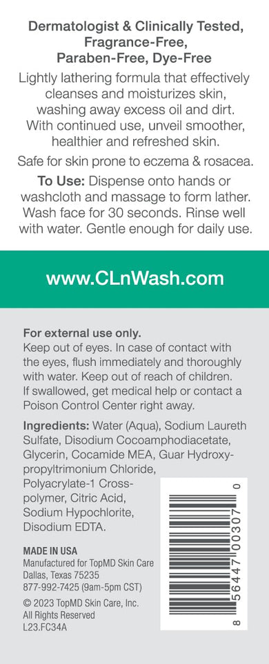 CLn® Facial Cleanser - Hydrating Facial Cleanser with Glycerin, For Skin Prone to Dryness, Eczema, Redness, Irritation & Acne Sensitivity, Fragrance-Free & Paraben-Free, 3.4 fl. oz.