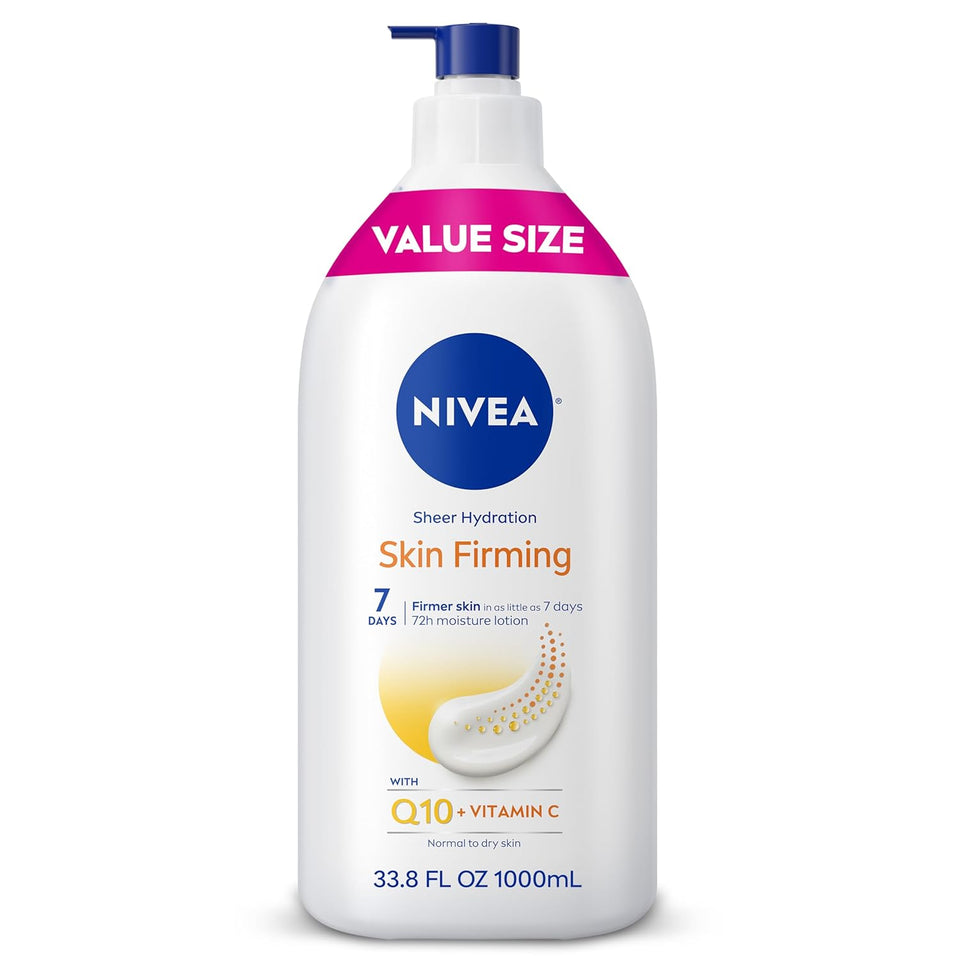 NIVEA Sheer Hydration Skin Firming Body Lotion with Q10 and Vitamin C, 72-Hour Body Moisturizer for Normal to Dry Skin, 33.8 Fl Oz Value Size CWmp Bottle