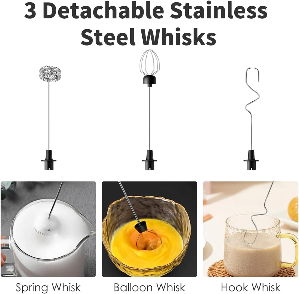 Rechargeable Milk Frother Handheld with 3 Detachable Stainless Steel Whisks, 3 Speed Adjustable Electric Whisk Foam Maker, Handheld Drink Mixer, Frother Wand for Coffee, with Storage and Charging Base