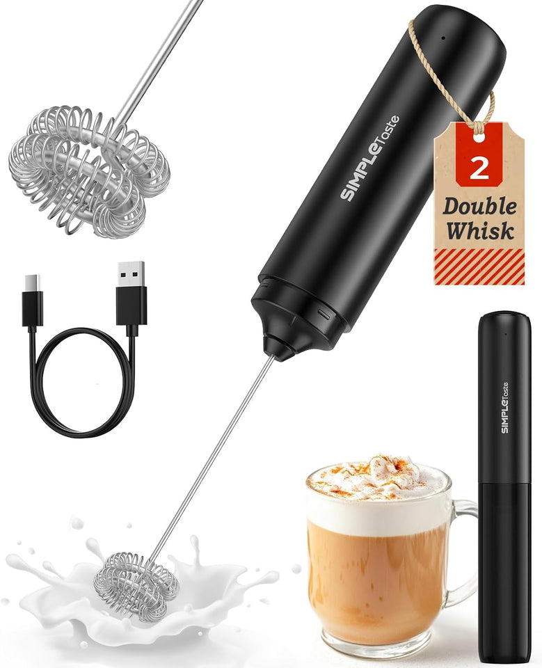 SIMPLETaste Rechargeable Milk Frother Wand Handheld, Dual Coil Whisk Head Drink Mixer, USB-C Electric Whisk with Stainless Steel Whisk for Coffee, Lattes, Cappuccino, Matcha, Hot Chocolate& Creamer