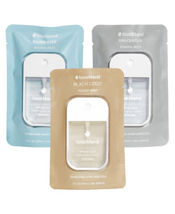 Touchland Hydrating Hand Sanitizer Spray – Dye Free Trio Set (Rainwater, Unscented, Beach Coco) – 3 x 1 FL OZ Mini Travel Size Mists