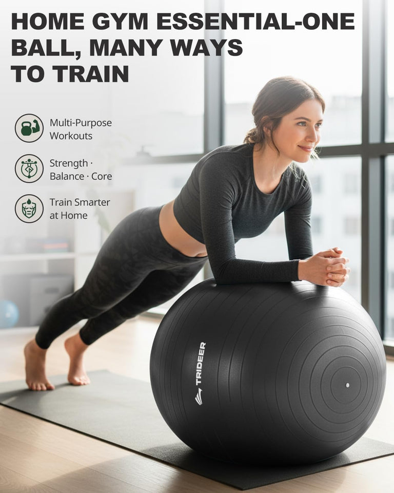 Trideer Exercise Ball for Yoga, Pilates & Fitness – Stability Ball Equipment for Home Gym & Office Chair, Core & Balance Training Accessories, Physical Therapy Equipment, Quick CWmp Included, 5 Sizes