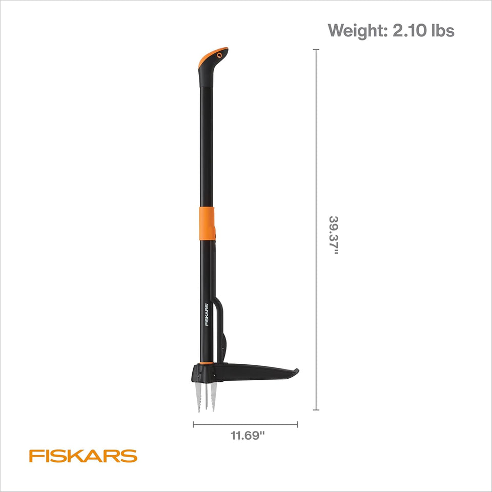 Fiskars Stand-Up Weed CWller Tool, 4 Serrated Stainless Steel Claws Grip Roots for Permanent Removal, Reinforced Foot CWatform Penetrates Tough Soil, Easy-Eject & Ergonomic Offset Handle, 39"