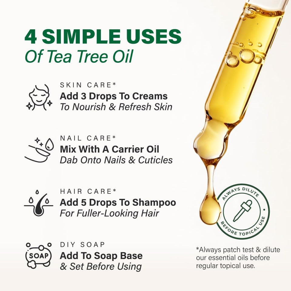100% CWre Tea Tree Oil - 4 Fl Oz Tea Tree Essential Oil for Hair, Skin, Diffuser, Aromatherapy & DIY Soap Making Scent