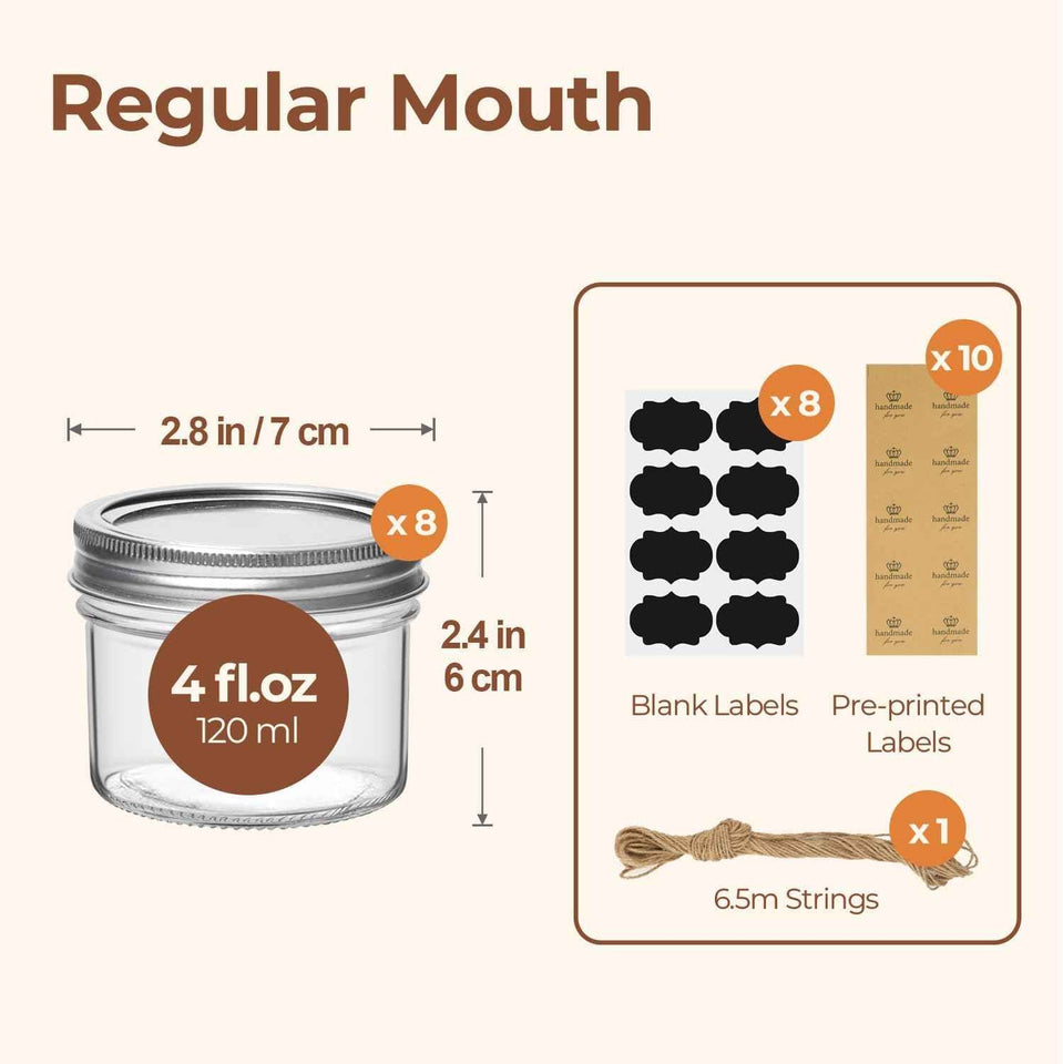 ComSaf Mini 4oz Mason Jars - 8 Pack, Regular Mouth, Small Glass Canning, Spice, Jam, Honey, Jelly, Dessert
