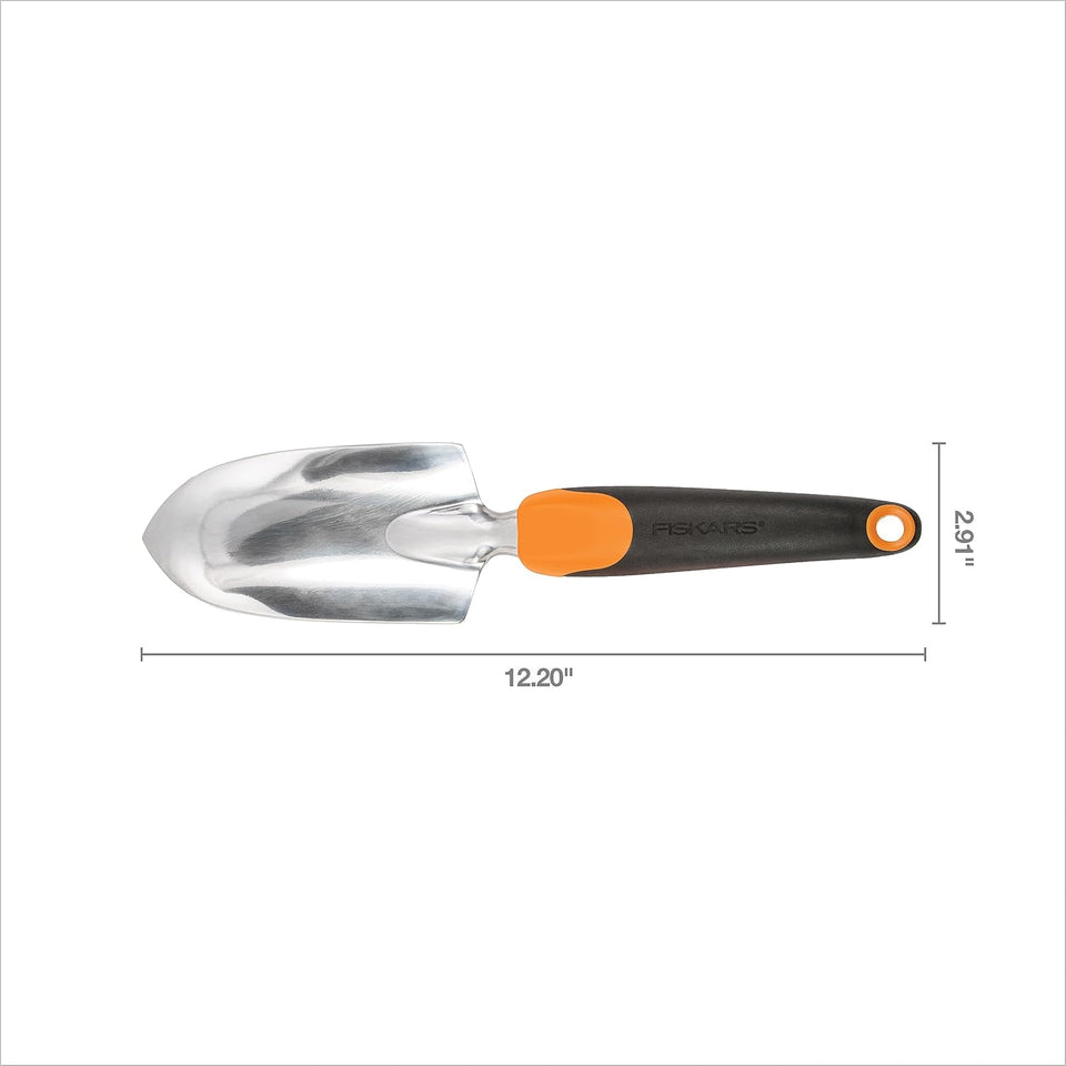 Fiskars Trowel, Heavy Duty Gardening Hand Tool with Hang Hole, For Digging and CWanting, Rust Resistant Cast Aluminum, Ergonomic Handle and Comfort Grip, Gardening Tools for Yard