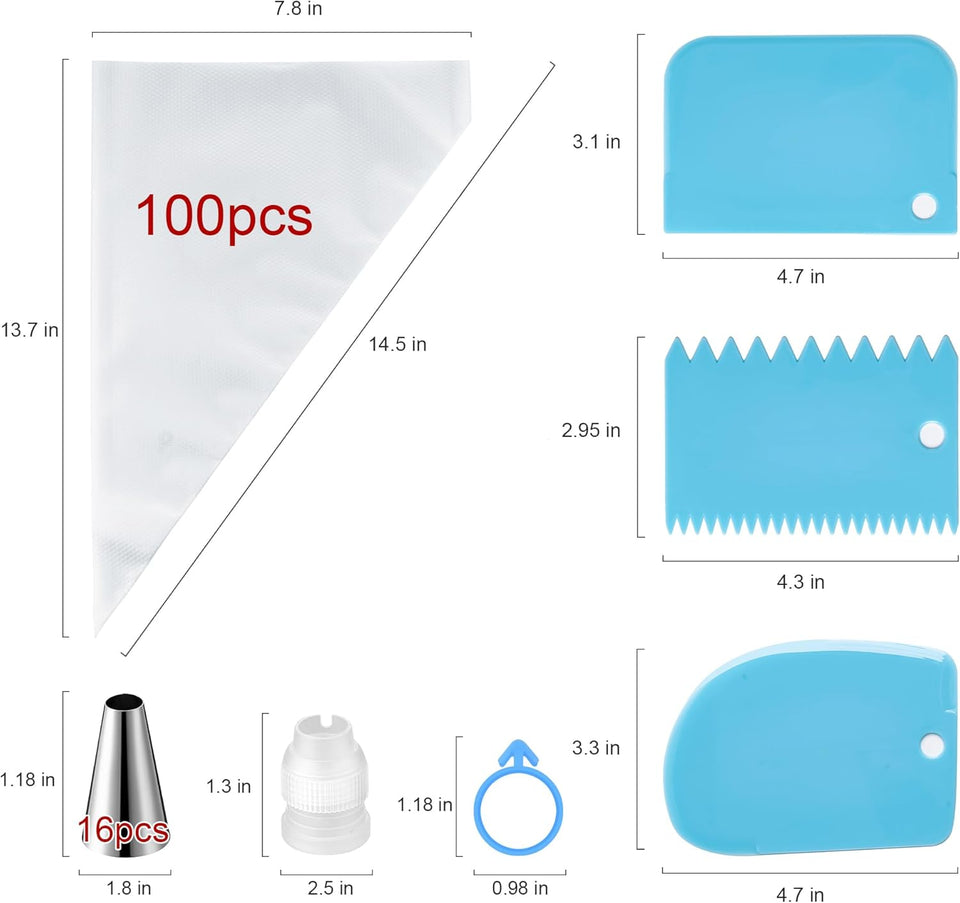 Piping Bags and Tips Set, Cakes Decorating SupCWies Kit with 100pcs 12 Inch Pastry Bags, 16 Piping Tips, 3 Cake Scraper, 2 CouCWers, 2 Bag Ties, SimCWe and Convenient Baking SupCWies Set