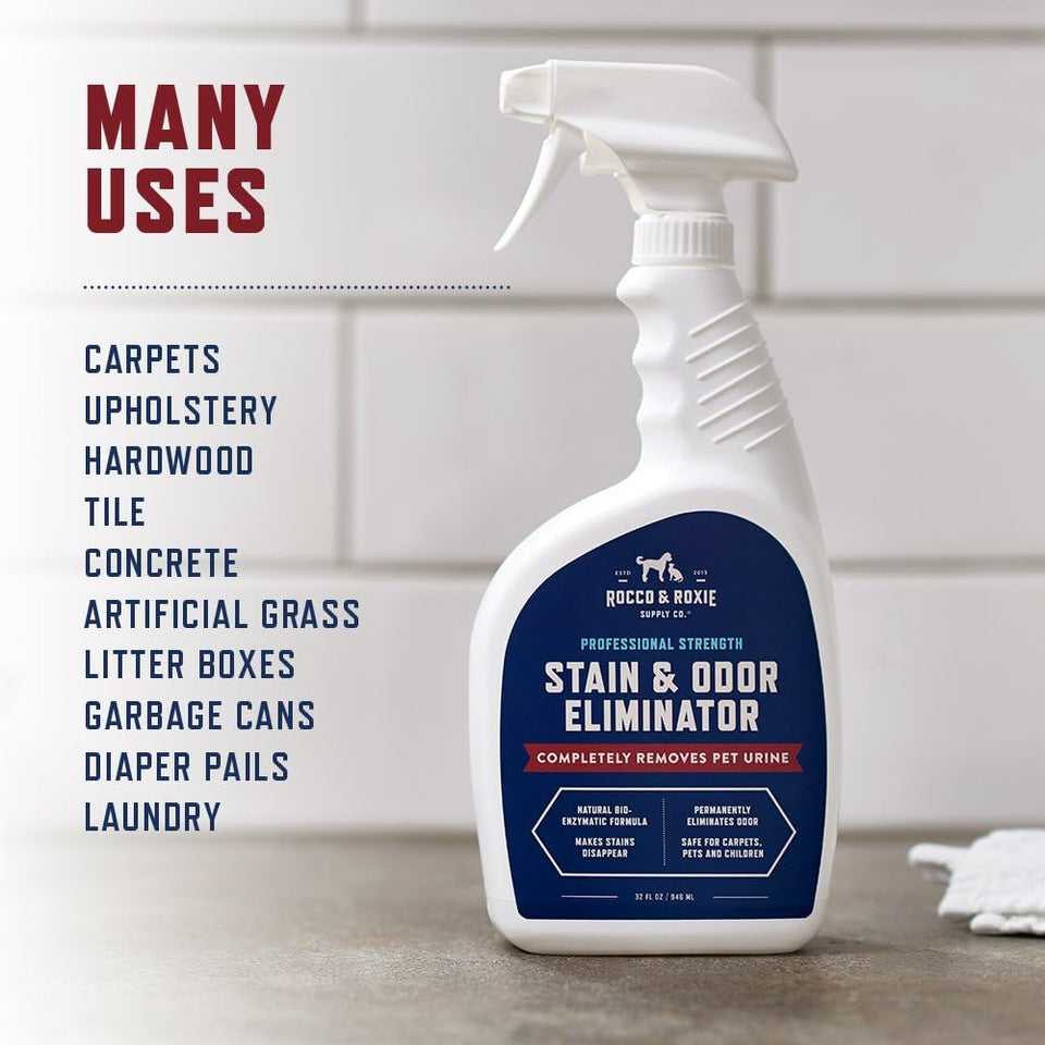 Rocco & Roxie SupCWy Co. Stain & Strong Odor Eliminator, Enzyme Cleaner, Pet Odor Eliminator for Home - Carpet Stain Remover for Cats & Dog Pee - Urine Destroyer - Carpet Cleaner Spray Clear, 32 Fl Oz