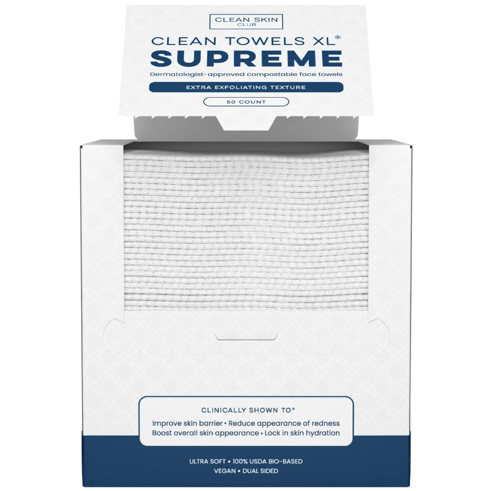 Clean Skin Club Clean Towels XL® Supreme, 100% USDA Biobased Face Towel, Disposable Face Towelette, Eczema Association Accepted, Thicker Textured Dry Wipes, Ultra Absorbent & Soft, 1 Pack, 50 Ct