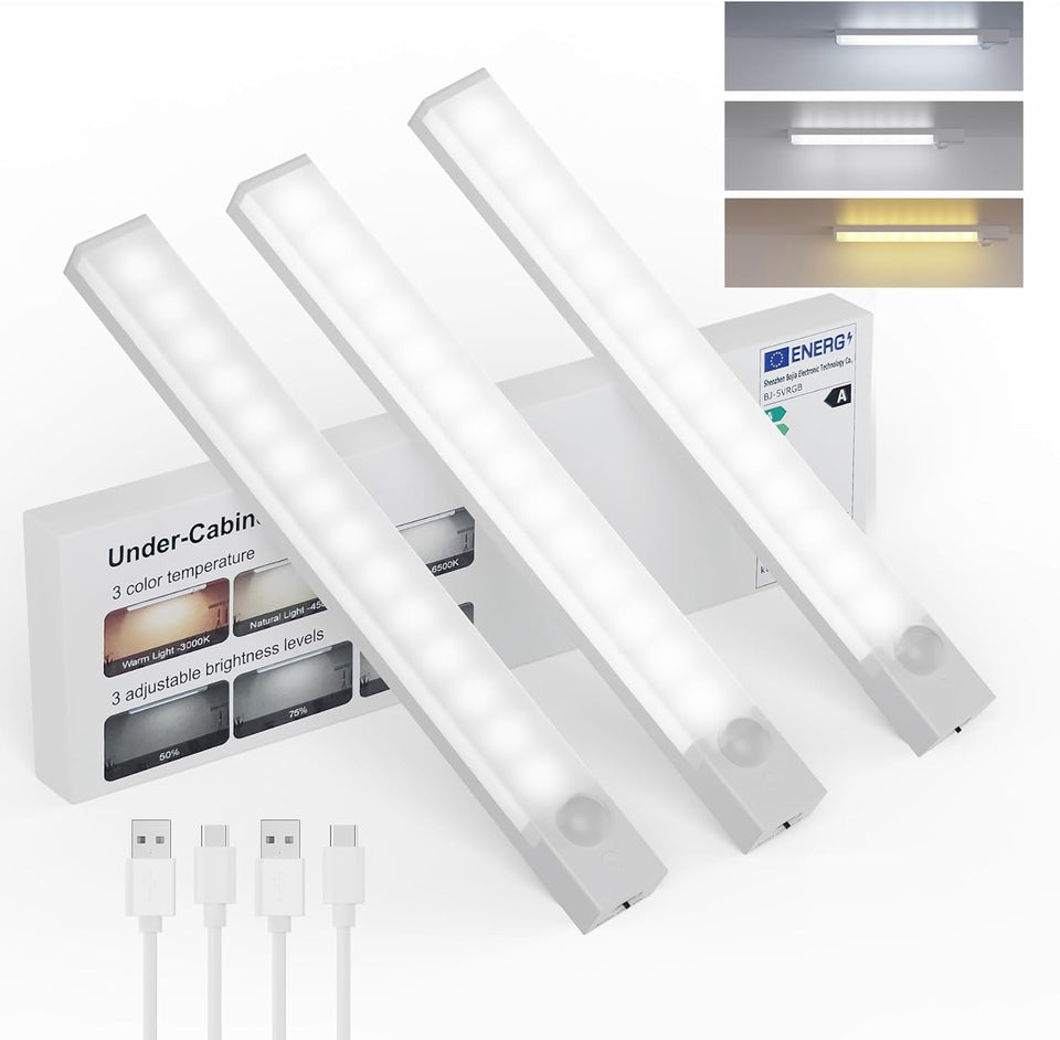 Under Cabinet Lighting 8 Inches Rechargeable Motion Sensor Light Indoor, 3 Color Dimmable Closet Light Battery Operated, USB Stick on LED Magnetic Under Counter Lights for Kitchen Stair, 3 Packs