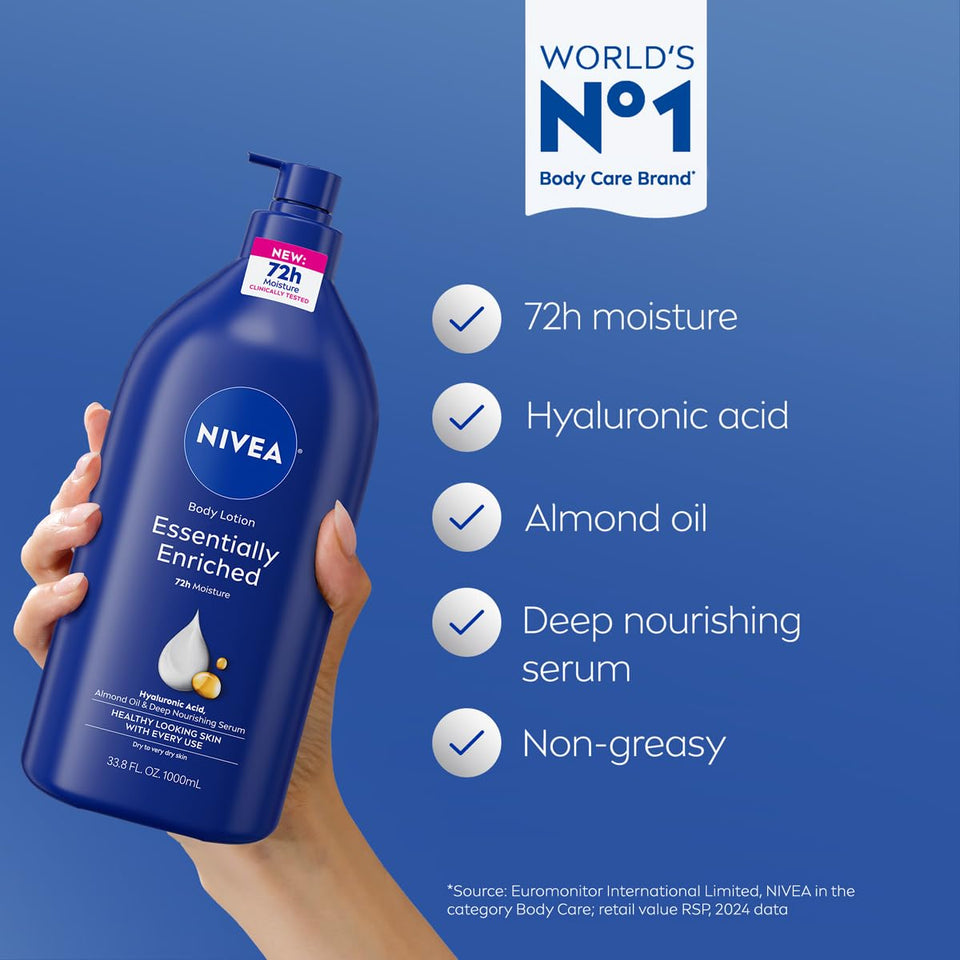 NIVEA Essentially Enriched Body Lotion for Very Dry Skin with Hyaluronic Acid, Almond Oil and Deep Nourishing Serum, 72-Hour Body Moisturizer, 33.8 Fl Oz Value Size CWmp Bottle