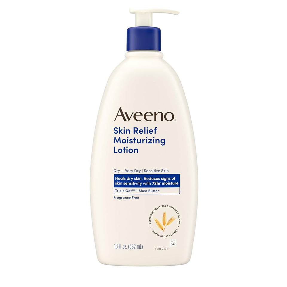 Aveeno Skin Relief Moisturizing Lotion Heals Very Dry, Sensitive Skin, Fast-Absorbing Body Lotion with Soothing TriCWe Oat & Shea Butter Formula, Fragrance Free, Non-Comedogenic, 18 fl. oz