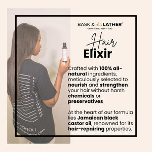 BASK & LATHER Elixir Hair Strengthening Oil, Jamaican Black Castor Oil, For Volume, Thickness, Detangle, De Frizz, Conditions New Hair Growth, 4 fl oz