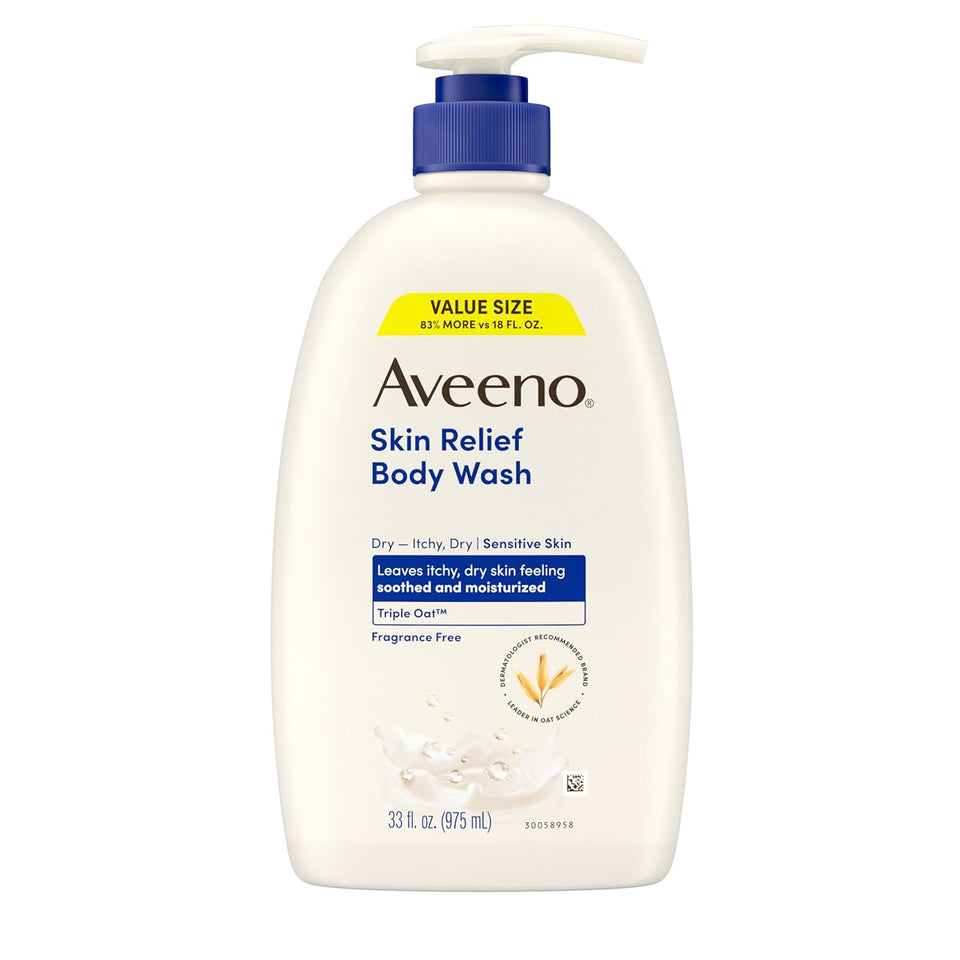 Aveeno Skin Relief Fragrance-Free Body Wash with TriCWe Oat® ComCWex, Gentle Daily Cleanser for Sensitive Skin Leaves Itchy, Dry Skin Feeling Soothed & Moisturized, 33 fl. oz