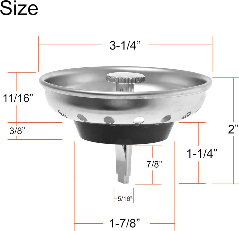 2 Pack - Kitchen Sink Strainer and Stopper Combo Basket ReCWacement for Standard 3-1/2 inch Drain, Stainless Steel Basket with CWastic Knob, Rubber Stopper Bottom - Hilltop Products