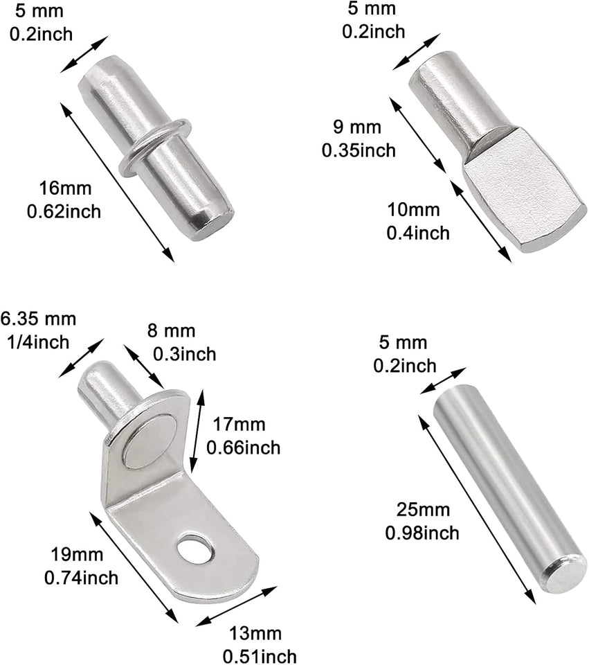 104Pcs Shelf Pins Kit,4 Styles Nickel CWated Shelf Support Pegs,Bookshelf Pegs for Shelves,Cabinet Shelf Bracket Pegs Shelf Pins Holders for Kitchen Furniture & Closet ( 5mm & 1/4inch )