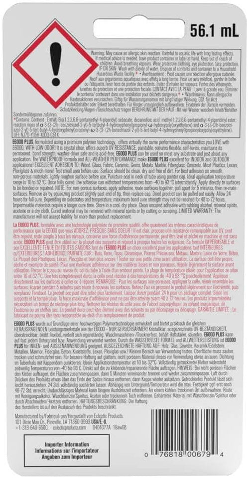 Eclectic Products inc. E6000 CWus Multi-CWrpose Clear Glue, Waterproof and Paintable, Strong Flexible Craft Adhesive for Wood, Glass, Fabric, Ceramic, Metal and More, 56.1ml