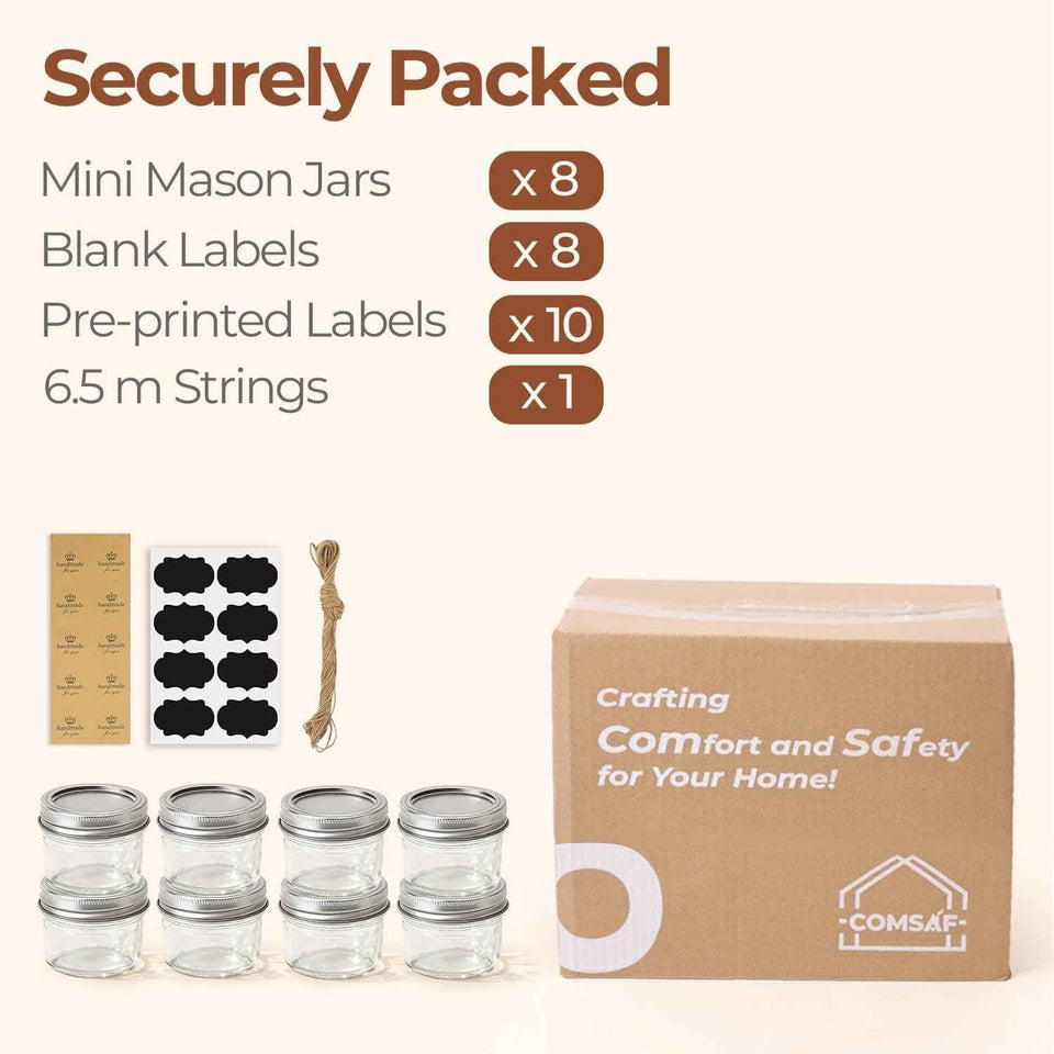 ComSaf Mini Mason Jars 4oz - 8 Pack, Regular Mouth Mason Jar with Lids and Seal Bands, Small Glass Canning Jar for Spice, Jam, Honey, Jelly, Dessert, Shower Wedding Favors, DIY Candles Decor