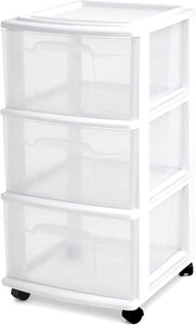 HOMZ Drawer Tower, 3-Tier Rolling Storage Cart with Removable Wheels, White Frame – Plastic Organizer with Clear Bin Drawers for Bedroom, Bathroom, Home Office, and Dorm Room