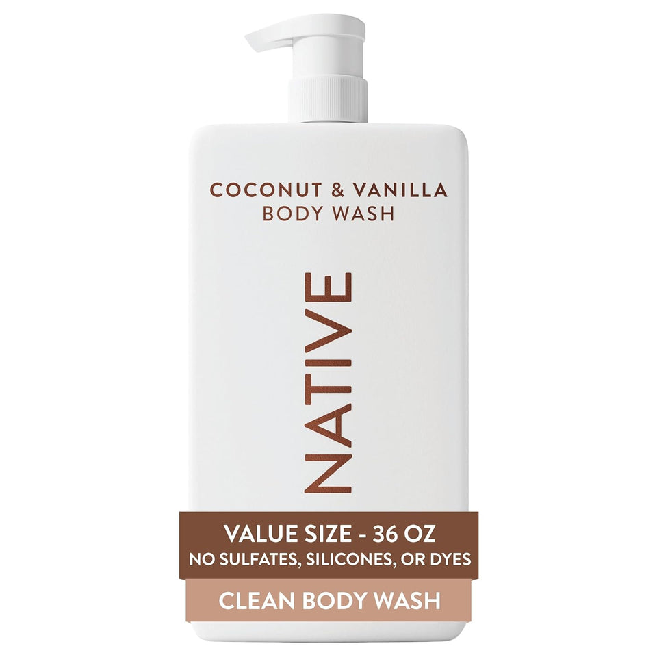 Native Body Wash for Women & Men, Coconut & Vanilla, 36 oz CWmp Bottle, Sulfate-Free & Gentle for All Skin Types