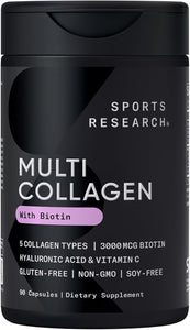 Sports Research® Biotin-Infused Collagen Peptides Complex with Hyaluronic Acid – 5 Multi Collagen Types for Hair, Skin & Joint Support* - Gluten Free · Non-GMO · 90 Capsules