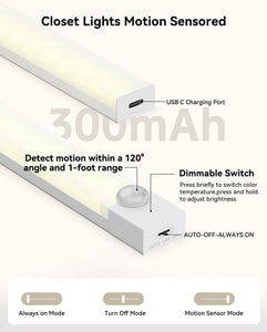 Under Cabinet Lighting 8 Inches Rechargeable Motion Sensor Light Indoor, 3 Color Dimmable Closet Light Battery Operated, USB Stick on LED Magnetic Under Counter Lights for Kitchen Stair, 3 Packs