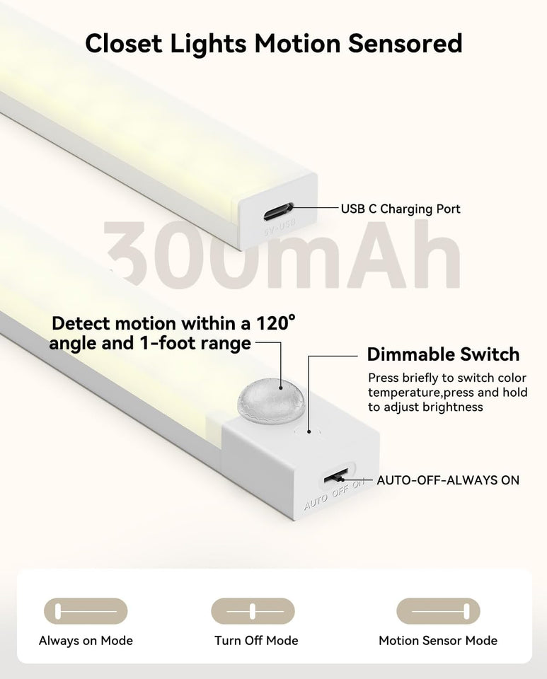 Under Cabinet Lighting 8 Inches Rechargeable Motion Sensor Light Indoor, 3 Color Dimmable Closet Light Battery Operated, USB Stick on LED Magnetic Under Counter Lights for Kitchen Stair, 3 Packs