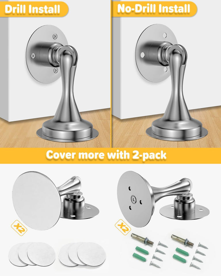 Door Stoppers Magnetic Door Catch - 2 Pack Stainless Steel Heavy Duty Door Holder Stops for Bottom Top of Door - Wall Floor Mounting No Drill Strong Adhesive & Screws Strong Magnet Keep Door Open