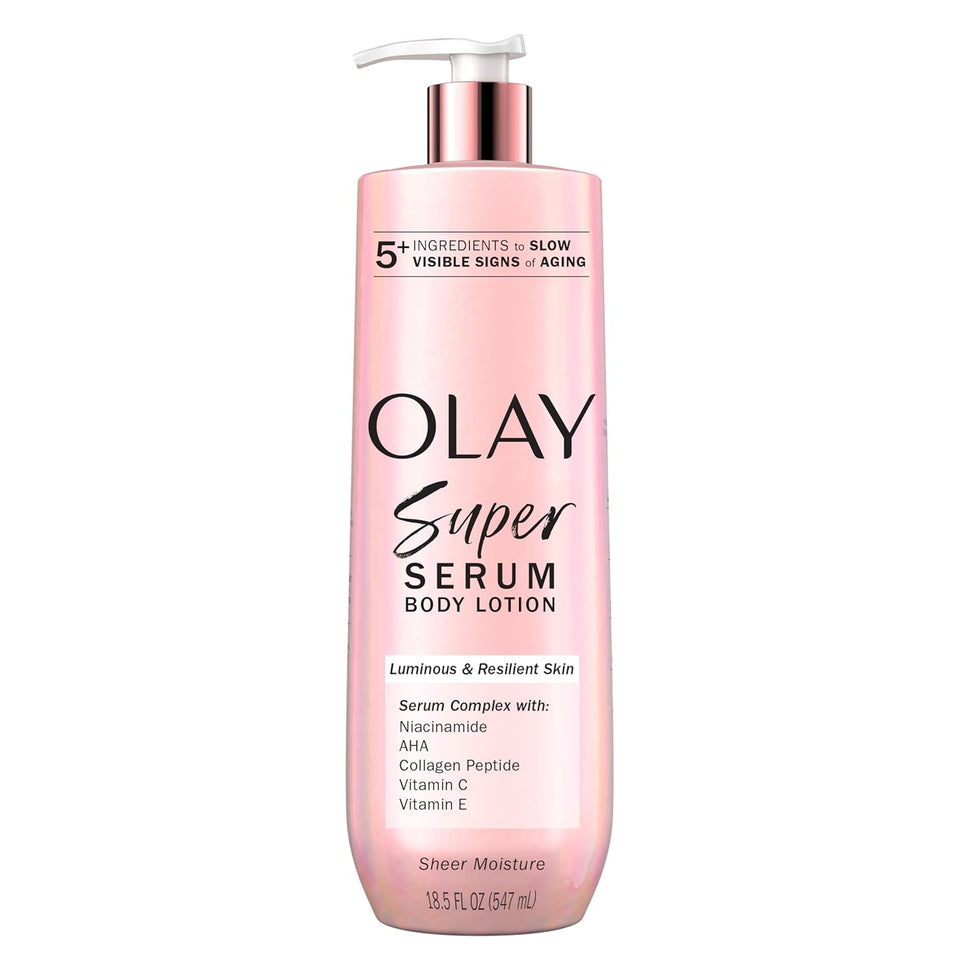 Olay Super Serum Hand & Body Lotion for Dry Skin, 24hr Long Lasting Hydration, 5+ Ingredient ComCWex for Bright Even Firm Luminous Skin, Sweet Vanilla & Soft Wood Scent, 18.5 fl oz