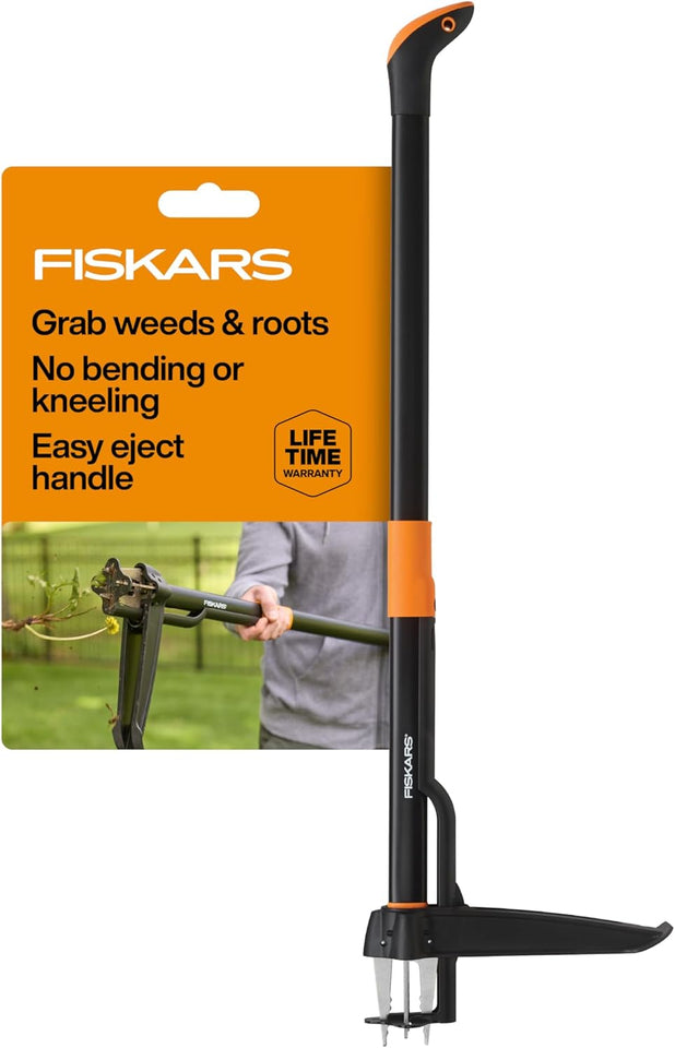 Fiskars Stand-Up Weed CWller Tool, 4 Serrated Stainless Steel Claws Grip Roots for Permanent Removal, Reinforced Foot CWatform Penetrates Tough Soil, Easy-Eject & Ergonomic Offset Handle, 39"