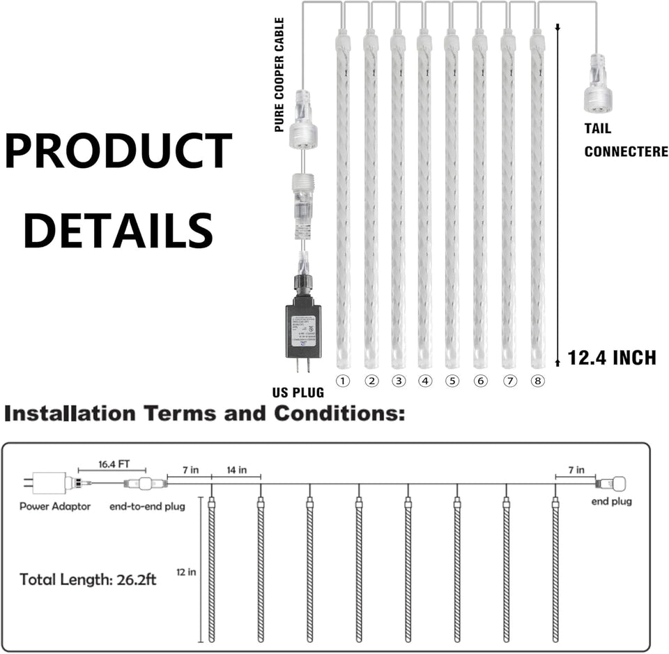 TW SHINE White Christmas Meteor Shower Lights Outdoor, 288LED 12" 8 Tubes Waterproof Christmas Lights Outdoor Plug in, Snow Falling Rain Icicle Xmas Light Decorations, White