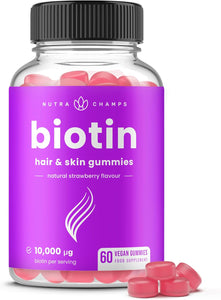 NutraChamps Biotin Gummies 10000mcg [High Potency] for Healthy Hair, Skin & Nails Vitamins for Women, Men & Kids - 5000mcg in Each Hair Vitamins Gummy - Vegan, Non-GMO, Hair Health Supplement