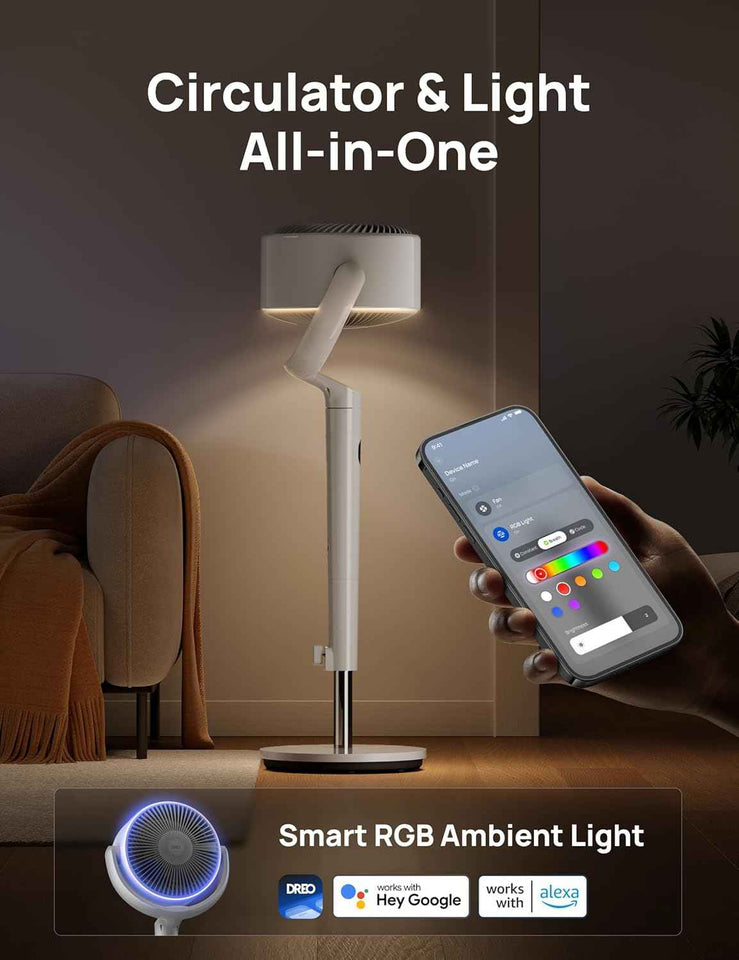 Dreo 120°+120° Omni-Directional Oscillating Fan, 90ft Pedestal Fan with RGB Light, 9 Speeds, 6 Modes, 20dB, 8H Timer, Wi-Fi, Voice, Alexa Control, 37-42" Floor Fan with Remote
