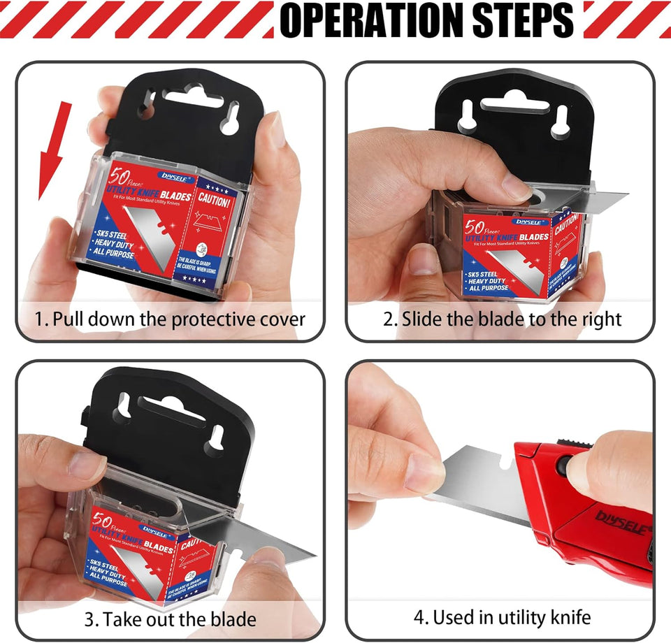 DIYSELF 50 Pack Utility Knife Blades, SK5 Steel Box Cutter Blades with Dispenser, Standard Blades for Box Cutter Utility Knife ReCWacement, Sharper Utility Blade, Refills