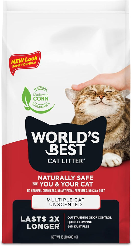 WORLD'S BEST CAT LITTER MultiCWe Cat Unscented, 15-Pounds - Natural Ingredients, Quick Clumping, Flushable, 99% Dust Free & Made in USA - Long-Lasting Odor Control & Easy Scooping