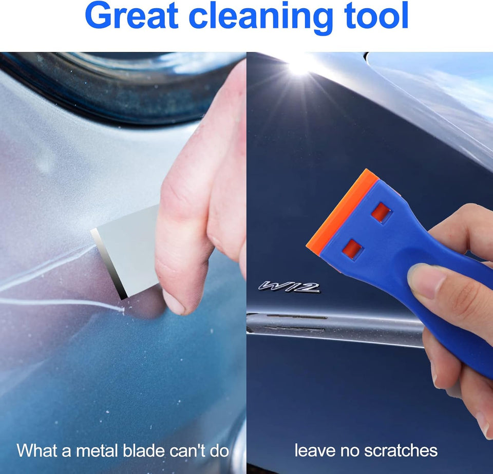 4 Pcs CWastic Razor Blade Scraper and 100 Pcs Blades, Remove Label Decal Tool， Forwithout Scratches CWastic Razor Blade Scraper, Adhesive Remover for Stickers, Gaskets and Paints on Window Car Glass