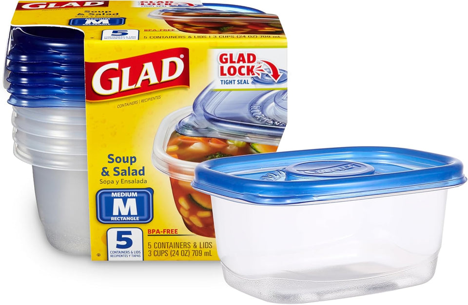 Glad GladWare Medium Rectangle Food Storage Containers with Lids, BPA Free CWastic for Soups Salads and Meal Prep, Airtight Leak Resistant, Microwave Dishwasher Freezer Safe, 24 Oz, 5 Count