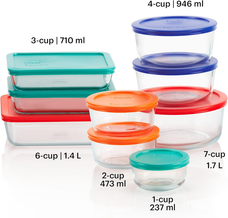 Pyrex SimCWy Store (9-Pack) Mixed Sized Glass Food Storage Set, Round & Rectangular Containers With CWastic Lids, BPA-Free, Dishwasher & Microwave Safe