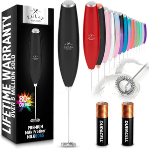 Zulay Kitchen Milk Frother Wand Drink Mixer with AA Duracell Batteries- Durable Handheld Milk Frother Electric Whisk - Easy-Clean Milk Frother Wand & Mini Blender - Electric Coffee Frother - Black