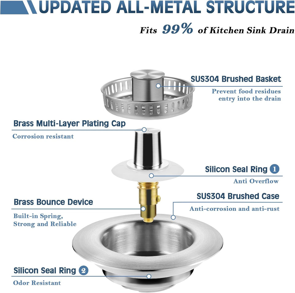 Kitchen Sink Drain Strainer 3 in 1, 304 Stainless Steel Pop Up Sink Stopper, Anti-Clogging Sink Drain Strainer for US Standard Kitchen Drain (SUS304 Brushed)