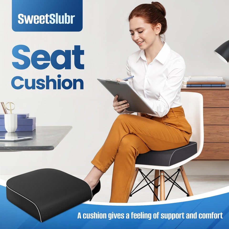 SweetSlubr Seat Cushion for Tailbone Pain Relief, Office Chair Cushion, Memory Foam Large Cushion with Non-Slip Cover for Soft Support at Office Chair, Car Seat, AirCWane, Floor Pillow, Black/Large