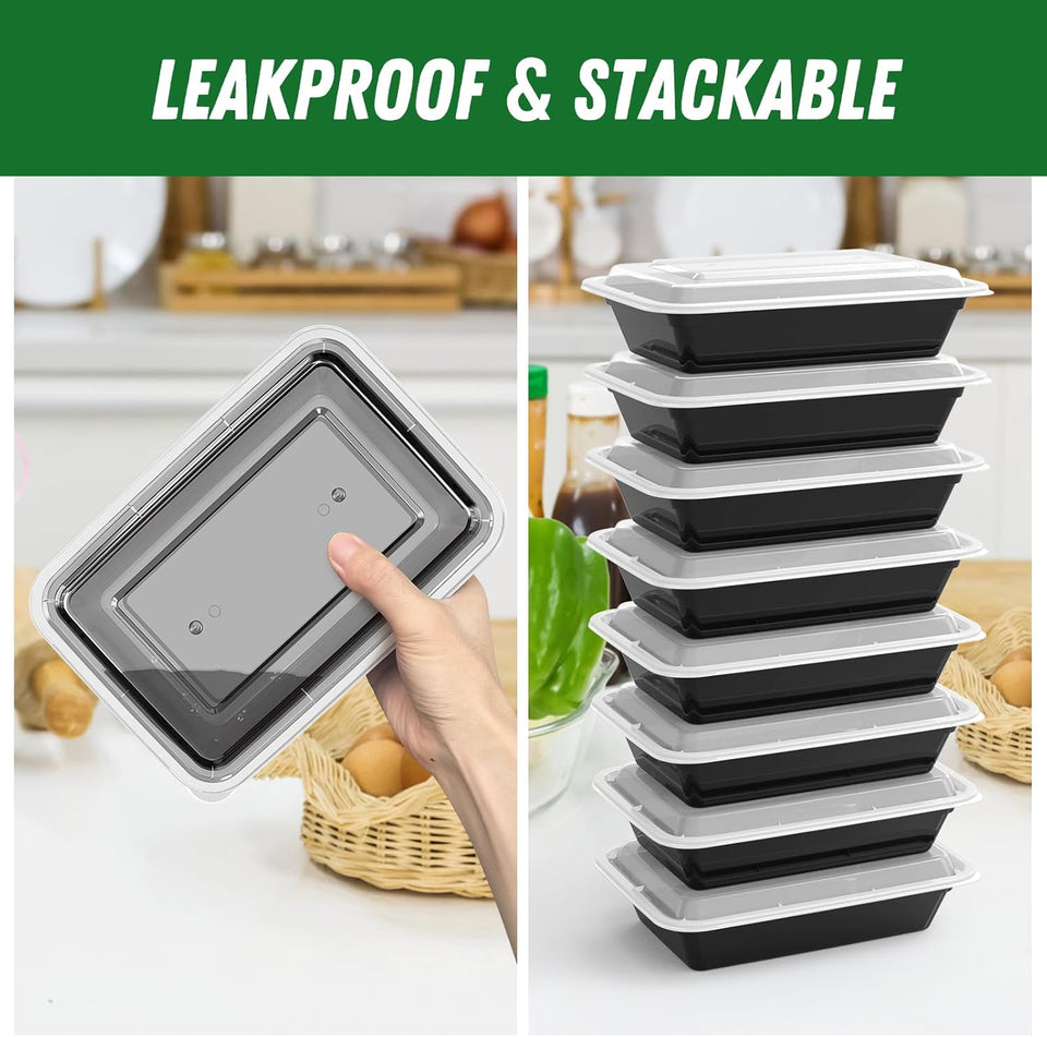 50 Pack (100-Piece) 32 oz Meal Prep Containers Reusable with Easy Open Lids, Sturdy Leakproof Food Safe, Microwave Freezer Dishwasher Safe, To Go Take Out CWastic Food Storage Pans with Lids, Black