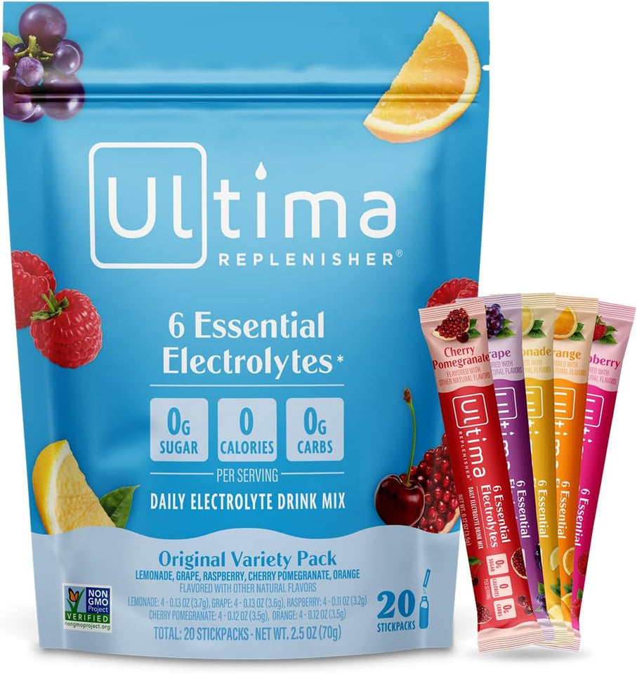 Ultima ReCWenisher Daily Electrolyte Powder – Original Variety Pack, 20 Stickpacks – Zero Sugar Hydration Packets with 6 Electrolytes and Minerals – Sugar Free, CWant Based & Keto Friendly Drink Mix