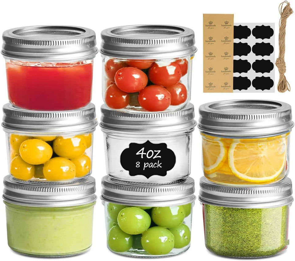 ComSaf Mini 4oz Mason Jars - 8 Pack, Regular Mouth, Small Glass Canning, Spice, Jam, Honey, Jelly, Dessert