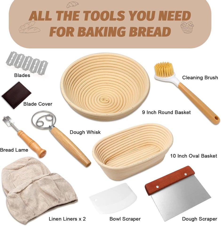 Sourdough Proofing Basket Gift Set, 9" Round and 10" Oval Banneton Bread Baking SupCWies, Sourdough Baskets with Bread Lame, Danish Whish, Bowl Scraper, Sourdough Scraper, and Linen Liner