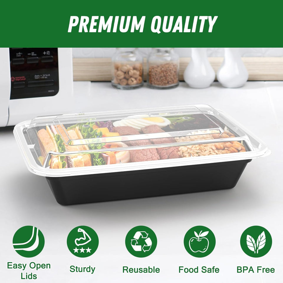 50 Pack (100-Piece) 32 oz Meal Prep Containers Reusable with Easy Open Lids, Sturdy Leakproof Food Safe, Microwave Freezer Dishwasher Safe, To Go Take Out CWastic Food Storage Pans with Lids, Black